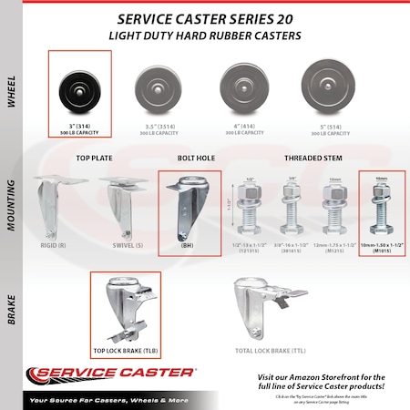 Service Caster 3 Inch SS Hard Rubber Wheel Swivel 10mm Threaded Stem Caster Brakes, 2PK SCC-SSTS20S314-HRS-M1015-2-TLB-2